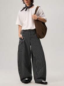 Men's Woven Casual Loose Straight Leg Solid Color Pants - Black - View 5