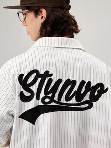 Men's Letter Embroidered Striped Short Sleeve Single-Breasted Shirt - White - View 8