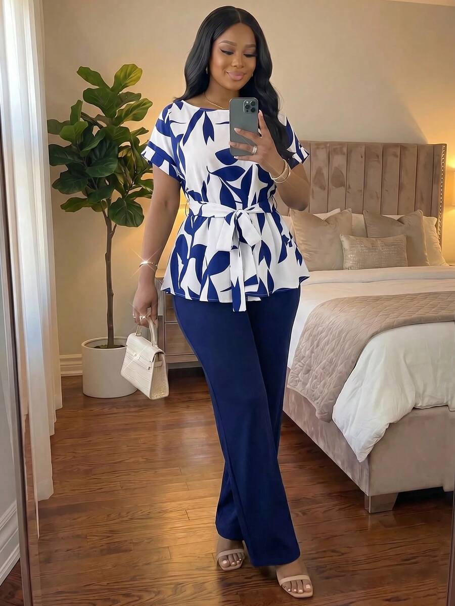 SHEIN Lady 大尺碼花卉印花上衣與純色長褲兩件套