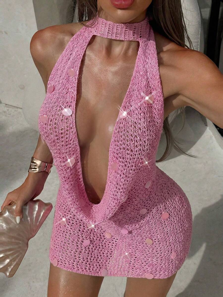 Swim SXY Sequin Backless Sexy Wrap Dress With Knit Scarf Tie Design, Bodycon Mini Dress For Vacation - Pink - View 1