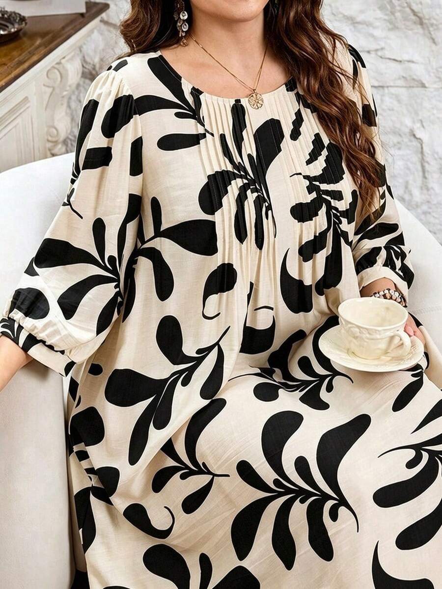 Lacomfia Casual All-Over Print Round Neck 3/4 Sleeve Loose Regular Fit Plus Size Dress For Spring And Summer - 彩色 - 查看 1