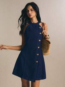 Poéselle Women's Autumn Casual Retro 70s Halter Neck Sleeveless Denim Dress, Commuter, Elegant, Date Everyday Brunch, Party, Navy Blue - Blue - View 6