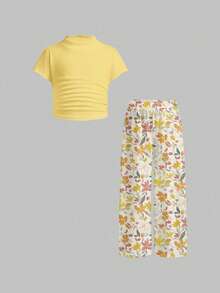 Young Girl Vintage Sweet Lemon Yellow, Pastoral Floral Style, Sister & Matching Outfit, 2pcs/Set: Ruched High Neck Fitted Top Paired With Wide Leg Pants - Multicolor - View 4