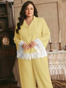Côtesoire Elegant Plus Size Women's Contrast Lace Single-Breasted Blouse And Pants Puff Ruffle Pajama Set - Yellow - View 5