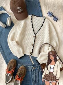 CovetEZ 大尺碼秋冬休閒拼接配色滾邊針織衫 - 卡其色 - 查看 1