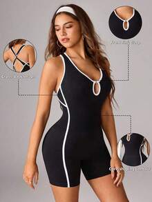 Dewbera Dewbera Women's Criss-Cross Back Sports Athleisure Romper Gym Black And White Summer - Black - View 3