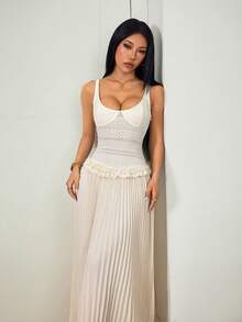 SHEIN PETITE New Slim Fit Elastic Fishbone Sexy Low Cut Pleated Dress With Lace Trim Decor Solid White Long Dress - Beige - View 7