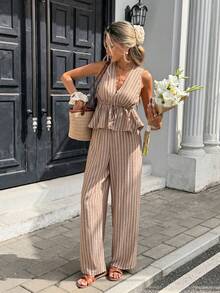 SHEIN Tall CURVE Pantalones acampanados de punto beige estilo boho casual elegante para mujer talla grande, con estampado plisado en la cintura, extra largos, para verano, vacaciones, fiesta del té, brunch, playa y eventos formales - Café integral - Ver 5