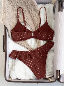 Swim Mod Conjunto de traje de baño con estampado de lunares y volantes para mujer - Burdeos - Ver 2