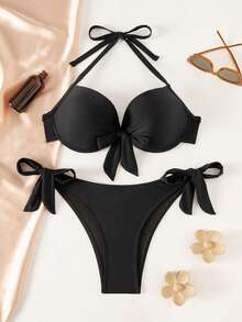 Swim DD+ 2 Pieces Knitted Solid Color Underwire Shaping Women's Swimwear - Black - View 6