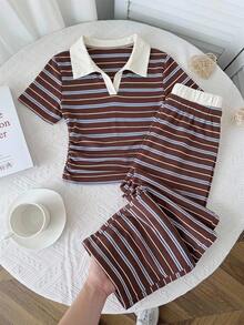 女童條紋 Polo 兩件套，收腰 T 恤 + 寬腿褲，適合校園與休閒穿著 - 彩色 - 查看 2
