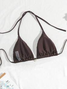 Costavie Swim Basics 單件比基尼上衣 春夏海灘度假款 亮片特殊紋理面料 珍珠裝飾 掛脖三角杯性感比基尼上衣 - 咖啡棕 - 查看 2