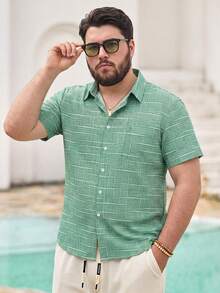 Mercer Haus Vintage Geometric Texture Digital Print Men's Plus Size Loose Fit Lightweight Polyester Button Pocket Short Sleeve Shirt - Green - View 3
