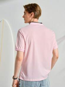 Men Antler Embroidery Mock Neck Contrast Trim Polo Shirt - Baby Pink - View 3