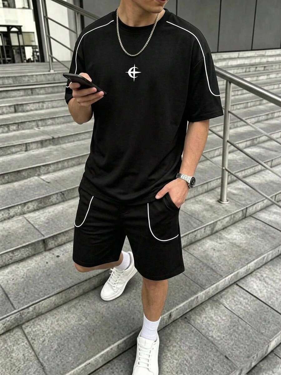 SHEIN Casuvi Kids 青少年男孩短袖圓領T恤 + 口袋短褲 2件套 - 彩色 - 查看 1