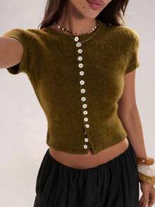 SHEIN BAE Regular Women's Button Knit Top - Green - View 3