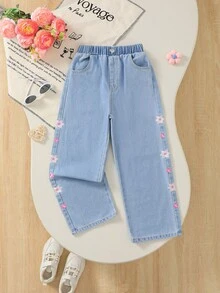 SHEIN 1件女孩休閒牛仔女牛仔風學院風直筒花卉長褲 開學季 嬰兒藍 夏季秋季 - 淺藍色 - 查看 3