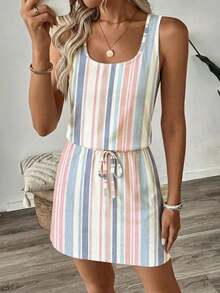 SHEIN LUNE Women's Casual Printed Short Dress Suitable For Spring And Summer Vacation Pink And White Striped - Multicolor - View 3