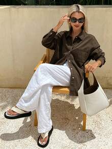 Livesso Summer Autumn Collared Long Sleeve Button Loose Dark Brown Cotton Denim Shirt For Women - Coffee Brown - View 5