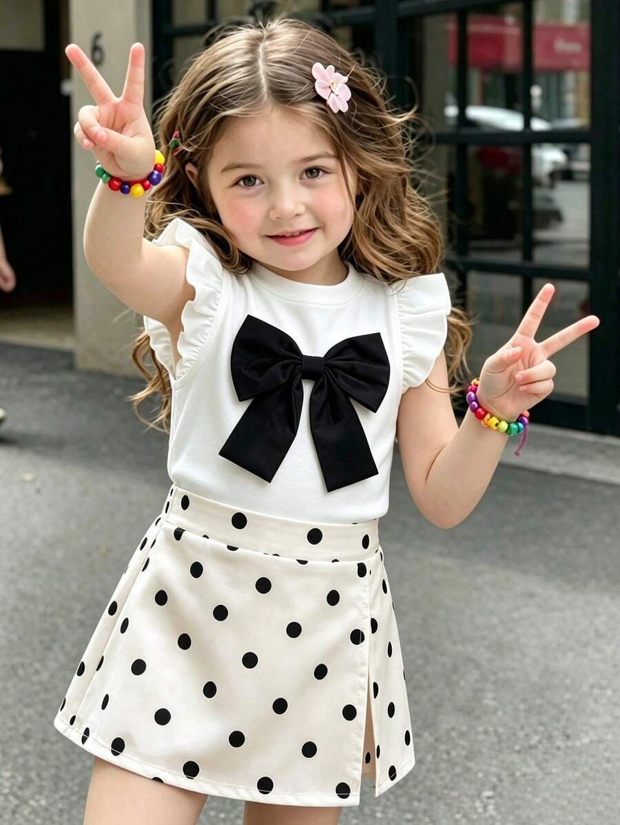SHEIN Vintaside Kids 6-9M-2-3Y 嬰兒女童 2件套甜美蝴蝶結裝飾飛袖圓領上衣 & 彈性腰波點印花開衩下擺短褲,適合日常穿著、聚會及其他場合 - 黑與白 - 查看 1