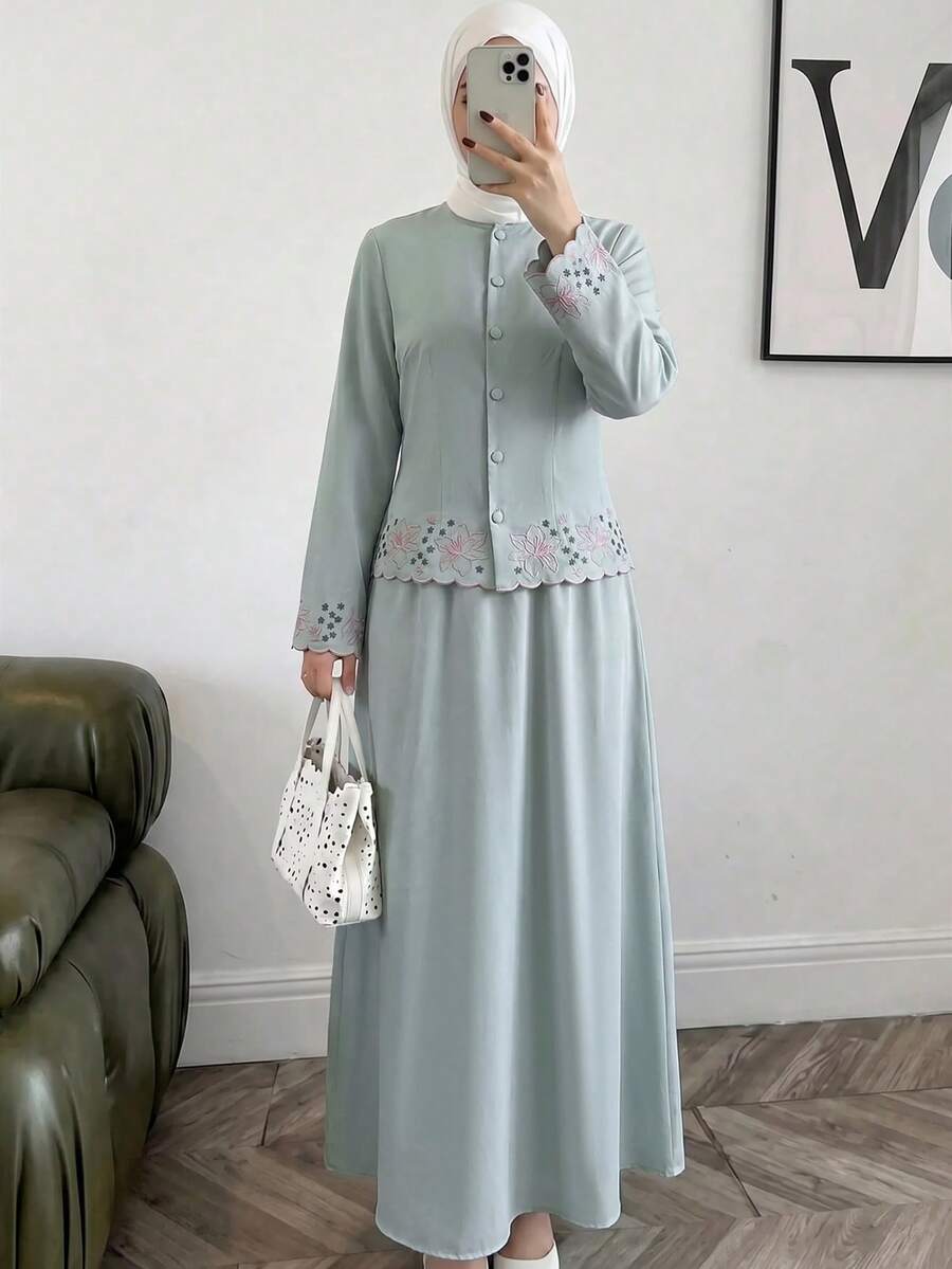 Solavon Women's Floral Embroidered Pattern Long Sleeve Top And Skirt Casual Daily Arabic Set