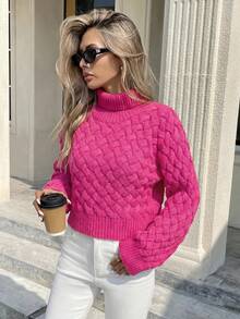 Women's Solid Color Wide Sleeve High Neck Loose Short Casual Sweater - Hot Pink - View 5