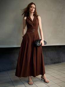MOTF PREMIUM WOMEN'S AUTUMN SLEEVELESS DOUBLE BELT DESIGN PLEATED LONG DRESS - Coffee Brown - View 5