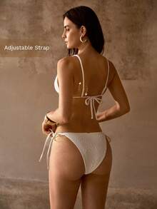 MOTF PREMIUM ELEGANT TEXTURED KNIT HANDMADE ASYMMETRICAL PEARL DECOR CASUAL VACATION BEACH PARTY WOMEN'S BIKINI SET - White - View 3