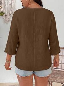EMERY ROSE Plus Size Versatile Cotton Linen Textured V-Neck Floral Blouse Fall - Rust Brown - View 2