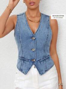 Selenza Plus Size Solid Color V-Neck Sleeveless Front Button Summer Fashion Denim Jacket - Blue - View 5
