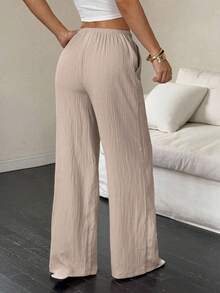 EMERY ROSE Pantalones casuales de mujer de unicolor con cintura elástica y cuerda decorativa, con bolsillos, talla grande, verano & otoño - Caqui - Ver 2