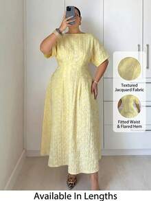 SHEIN Tall CURVE Plus Size Women's Cream Yellow Elegant Romantic Jacquard Waist-Cinched Long Dress, Summer Party Vacation - Yellow - View 3