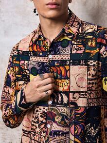 Skyrend Men Patchwork Print Long Sleeve Shirt, Fallemo Gothic Punk Streetwear For Emo Boy Grunge - Multicolor - View 4