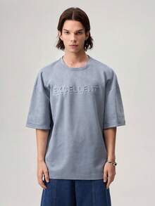 Oversized Men's Letter Embossed Drop Shoulder T-Shirt, Fall - Dusty Blue - View 6