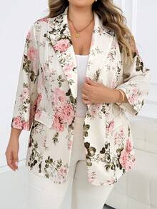 SHEIN CURVE+ 大尺碼女款薄款西裝外套，適合四季商務休閒女裝外套西裝外套，花卉印花花卉西裝外套，秋冬適用 - 彩色 - 查看 9
