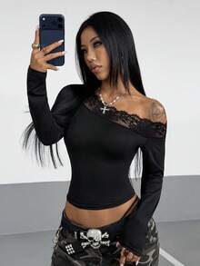 StreetHx 女款街頭風蕾絲拼接不對稱領長袖T恤 - 黑色 - 查看 3