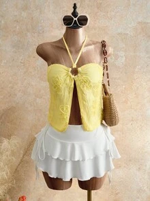 Allurite Women's Summer Beach Vacation Style Jacquard Knotted Halter Top - Light Yellow - View 10