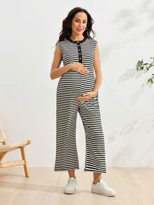 SHEIN Mono casual de maternidad con media tapeta de botones y rayas - Blanco y Negro - Ver 6