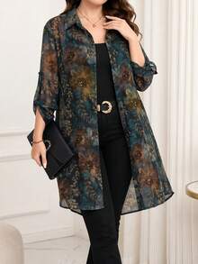Reflora Plus Size All-Over Print Casual Versatile Daily Wear Shirt - Green - View 3
