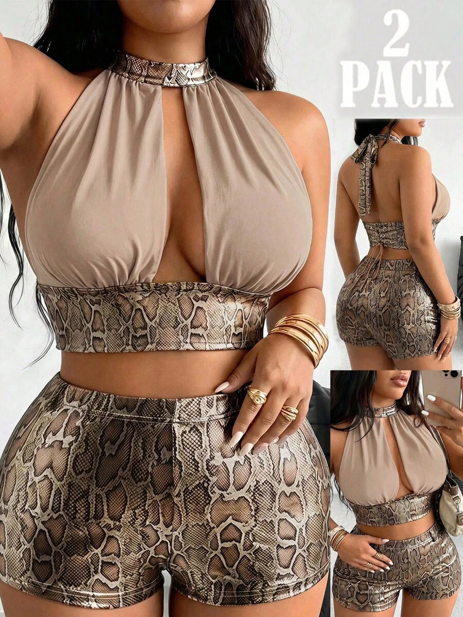 POPSWAY Ensemble sexy et décontracté pour femmes grandes tailles avec top plissé à col licou et short blocs de couleurs - Multicolore - Voir 1