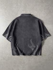 ROMWE MEN 男士字母印花短袖拉鍊門襟休閒牛仔襯衫 - 黑色 - 查看 2