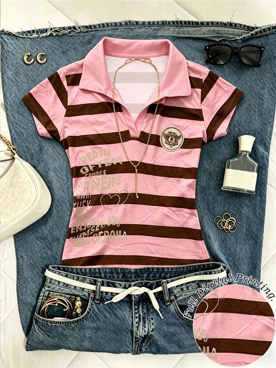 IslaSuriya 女款 Y2K 條紋 Polo 衫，粉色與棕色 V 領短袖 T-shirt，字母與愛心印花，修身復古休閒上衣，送給她的完美禮物 - 彩色 - 查看 1