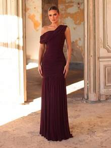 Aureia Elegant Purple Twisted Yarn Mesh Patchwork Applique Decor Cup Bust Mermaid Hem Party Dinner Evening Rehearsal Dress Wedding Guest Bachelorette Formal - Red - View 5