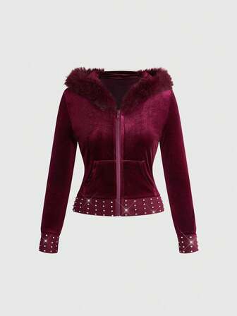 Grunge Punk Sudadera Y2K Hot Girl de Terciopelo Ajustada con Capucha, Cuello de Piel, Frente Abierto y Strass para Mujer