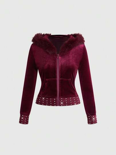 Grunge Punk Felpa Y2K Hot Girl vestibilità aderentein Velluto con Apertura Frontale, Cappuccio, Colletto in Pelliccia e Strass per Donne