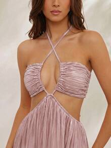 L'Amorae Women's Elegant Sexy Pleated Satin Halter Criss Cross Cut Out Flowy Floral Print, Chic, Fall, Autumn, Summer, Beach, Vacation, Holiday - Pink - View 4