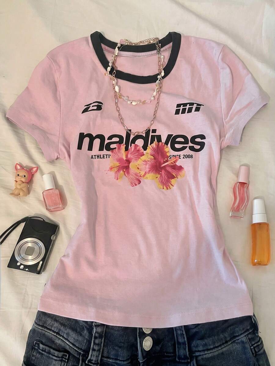 Tween Girls' Casual Pink Knit Letter & Floral Print Round Neck Short Sleeve T-Shirt, Summer - Pink - View 1