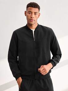 Driftmere Men's Outdoor Sports Jacket Casual Baseball Jacket Solid Color Zipper Baseball Collar Jacket, Comfortable Versatile Top, Husband, Father Black - Black - View 5