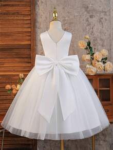 SHEIN Glamorique Kids 女童薄紗亮片刺繡洋裝，生日派對、婚禮花童公主風白色冬季婚禮禮服 - 白色 - 查看 3