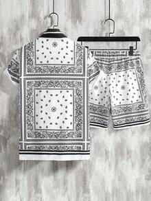 Manfinity Homme Men's Vacation Cashew Pattern Short Sleeve Shirt And Shorts Casual Set - White - View 2